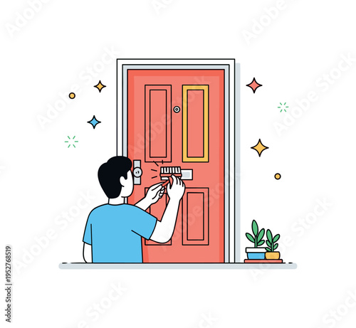 Creative exterior styling with a homeowner carefully detailing the edges of a vibrant front door using a small brush, expressing attention to detail and pride