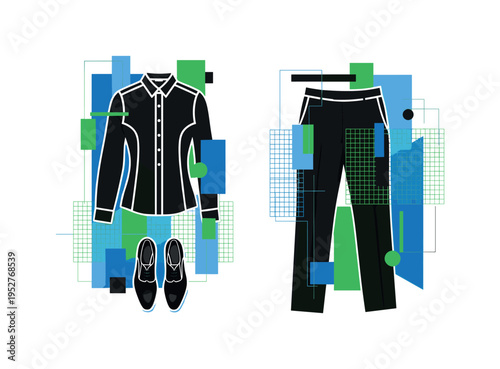 Front-facing black and white outfit flat lay with shirt, pants, and shoes arranged symmetrically, layered with overlapping blue and green flat geometric shapes