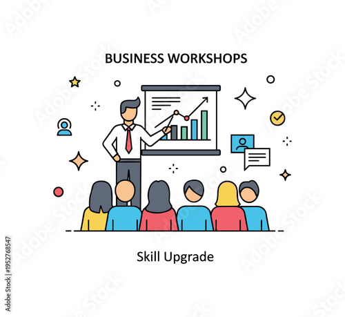Business workshops professional training session illustrated by a presenter standing beside a board with growth chart while small audience figures sit facing