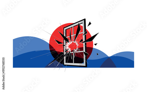 Black and white broken window with shattered glass fragments frozen mid-air, intense red circle behind the frame, cobalt blue semicircles intersecting like