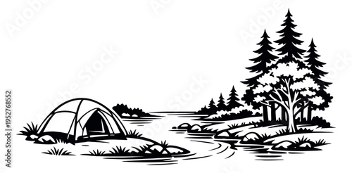 Stylized illustration of a campsite depicting a tent by a riverbank with pine trees for outdoor adventures