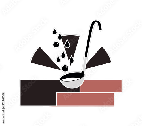 Black and white ladle suspended mid-air with stew droplets forming perfect circular shapes, bold semicircles radiating outward like comforting heat, abstract