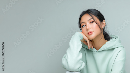 Asian woman posing in green hoodie with thoughtful expression indoors  