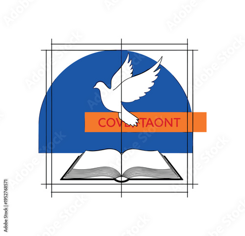 Black and white symbolic dove silhouette hovering above open Holy Bible, oversized cobalt blue semicircle intersected by bright orange rectangular