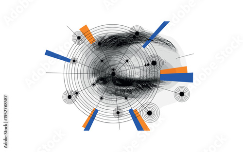 Black and white eye gently closed with abstract concentric circles around it, bright ultramarine and warm orange flat blocks adding focus points, cylindrical