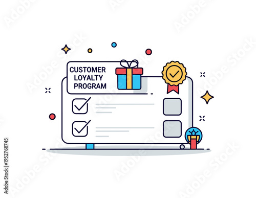 Customer loyalty program idea depicted through a stamp card with a small gift icon and checkmarks, representing repeat purchases and appreciation rewards. The