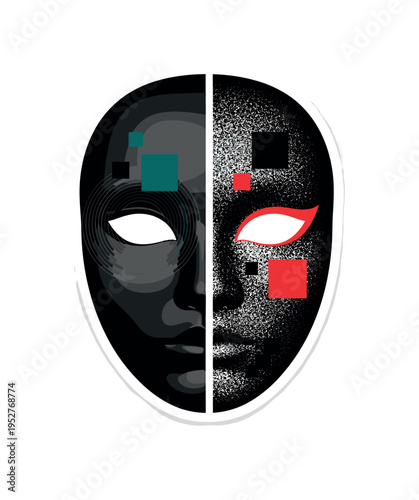Black and white masquerade mask split vertically into two contrasting halves, one smooth and one textured, concentric circles and abstract blocks dividing the