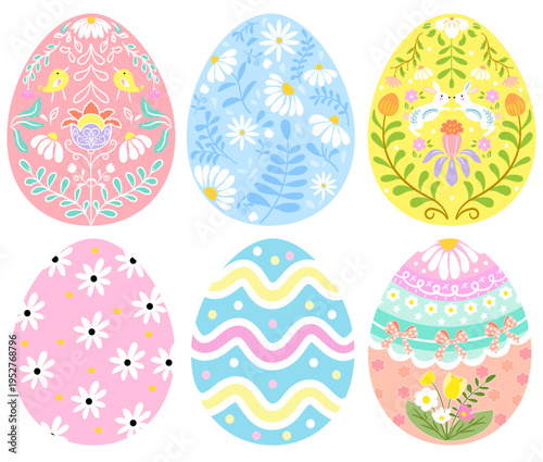 Bundle of decorated Easter eggs isolated on transparent background. Set of Paschal symbols covered with various ornaments - plants, stripes, dots. Flat vector illustration for religious holiday celebr