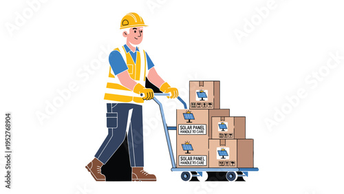 Shipping Professional: A worker in a yellow safety vest and helmet maneuvers a hand truck laden with neatly stacked cardboard boxes. Capturing the essence of industriousness and logistical prowess.