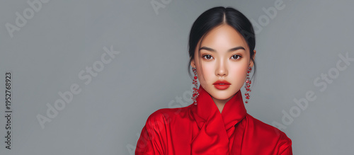 Young Asian woman posing in red outfit with bold makeup against grey  