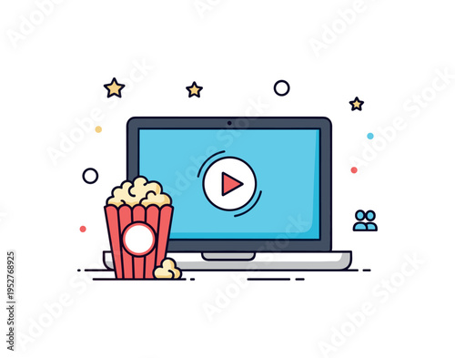 Streaming culture laptop displaying play button and small popcorn icon beside it, subtle stars indicating entertainment buzz. A compact concept badge about on