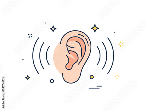 Hearing sounds concept centered on a simplified human ear with smooth sound wave lines radiating outward, expressing perception, awareness, and sensory
