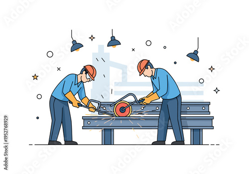 Workers cutting steel beams with sparks flying in a well-lit fabrication shop, highlighting technical skill, focus, and the energy of industrial metalwork.