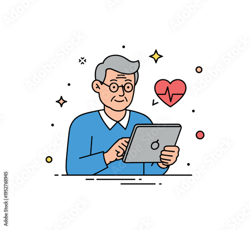 Workplace wellness for experienced employees showing a mature team member holding a tablet with a small heart health icon beside, representing