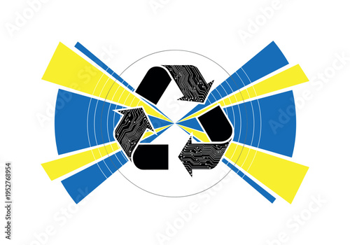 Black and white recycling symbol integrated with circuit board patterns, concentric circles radiating outward like energy recovery, bright yellow and cobalt
