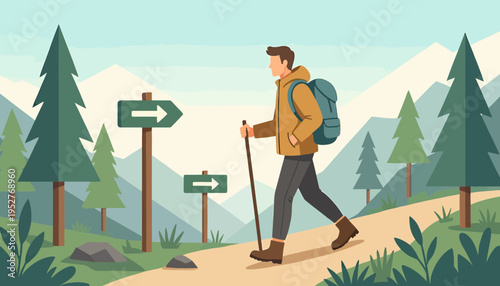 Male Hiker with Backpack and Walking Stick Navigating a Mountain Trail with Directional Signposts