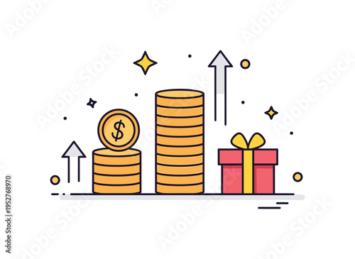 Points accumulation system illustrated by stacked coins forming a rising column beside a small gift box symbolizing earned benefits and incentives. Subtle