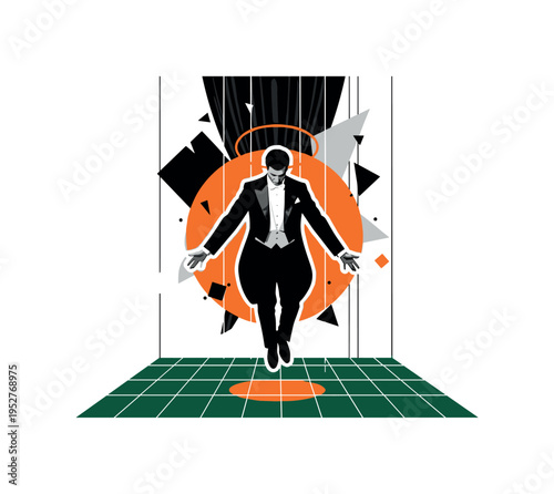 Black and white magician levitating slightly above the stage floor, bright orange circle halo effect and dark green rectangular grids beneath, thin vertical