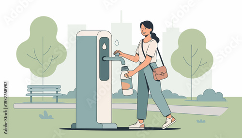 Woman Refilling Reusable Water Bottle at Modern Public Hydration Station in City Park Setting
