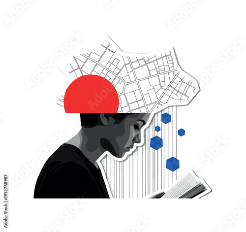 A black-and-white side profile of a skull in retro medical style, bold red circle partially cropped at the edge of the frame, thin intersecting orbital lines