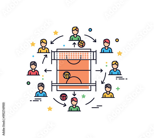 Volleyball rotation strategy concept represented by small player icons arranged around a simplified court with subtle directional arrows indicating movement.
