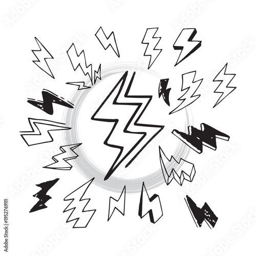 Collection of various lightning bolt symbols in black and white