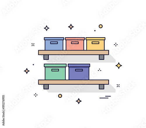 Home organization improvement concept centered on a newly mounted shelf neatly holding storage boxes, expressing order and efficient use of wall space. The