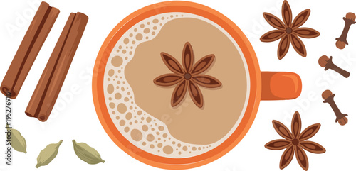 Hot spiced chai tea cup top view with cinnamon sticks star anise and cardamom vector illustration cozy drink concept