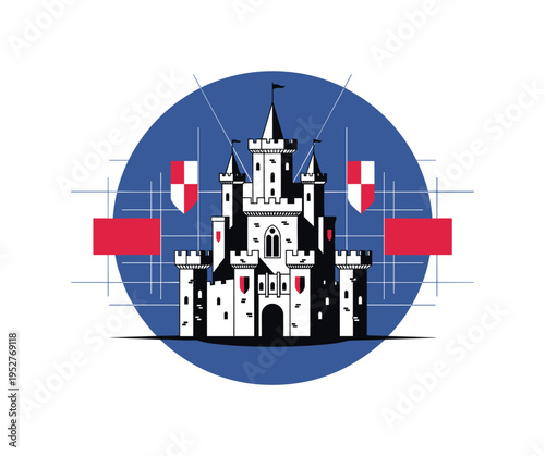 Black and white medieval castle with tall towers and battlements as central object, oversized deep cobalt blue circular backdrop suggesting moonlit sky, bold