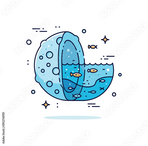 Frozen moon subsurface ocean life concept featuring an icy crust cutaway with a glowing ocean layer beneath and tiny abstract organism shapes, symbolizing