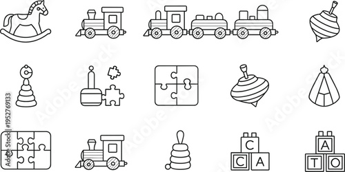 Minimalist black outline children toys icon set including train blocks puzzle spinning top rocking horse vector illustration isolated linear design