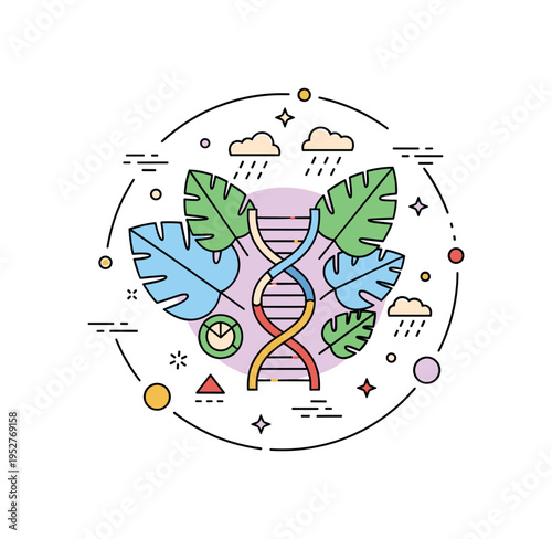 Tropical rainforest evolution concept featuring a DNA helix surrounded by large leaf shapes and subtle rain icons, symbolizing adaptation to