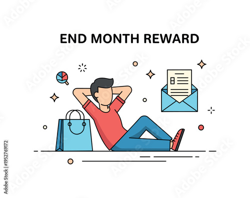 End of month reward employee relaxing with a small shopping bag and paycheck envelope nearby, expressing satisfaction and well deserved treat. Minimalist flat