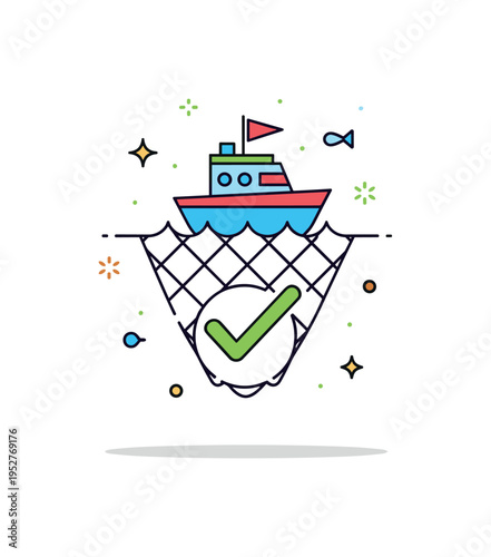 Sustainable fishing practice small fishing boat icon above water line with a checkmark symbol integrated into a net shape. A modern editorial scene