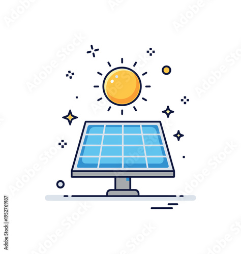 Sunny day solar performance icon featuring a bright sun above a clean panel with small efficiency spark accents, conveying productivity, optimism,