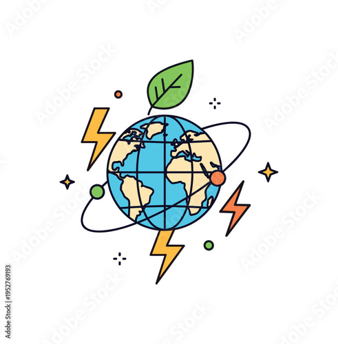 Sustainable future mindset represented by a globe with leaf and lightning bolt symbols orbiting around it, expressing global awareness and long term