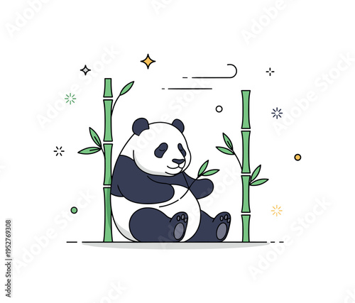 Panda resting in bamboo peaceful panda sitting among simple bamboo stalks with small leaf accents suggesting a gentle breeze. A calm editorial illustration