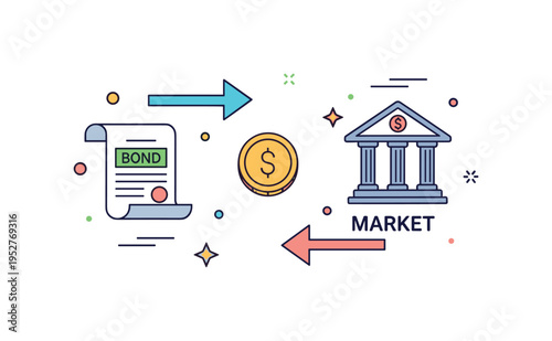 Open market operations theme depicted by two arrows exchanging a bond certificate and a coin between a bank and market icon. A concise editorial representation