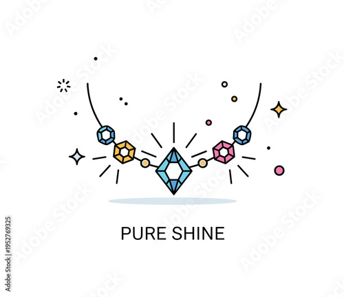 Glittering fashion jewelry highlight concept centered on a simple necklace with gem shapes and subtle radiating spark lines, symbolizing brilliance and premium