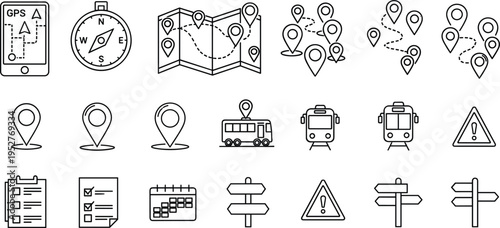 Navigation and location icon set including GPS map compass pins routes transport signs vector outline illustration minimalist isolated design collection