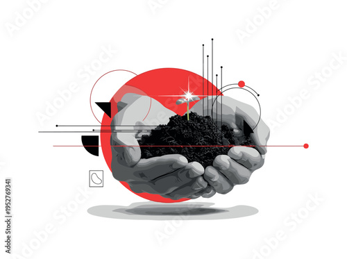 Close-up monochrome hands holding rich soil with a small sprout emerging, framed by a bold red circle and thin vertical structural lines, intense flash of