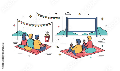 Outdoor movie night with friends sitting on blankets under string lights, watching a large screen with popcorn and drinks, highlighting cozy evening