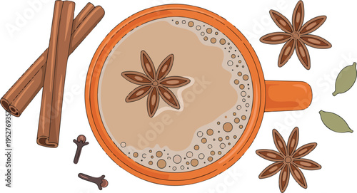 Hot spiced chai tea cup top view with cinnamon sticks star anise and cardamom vector illustration cozy drink concept