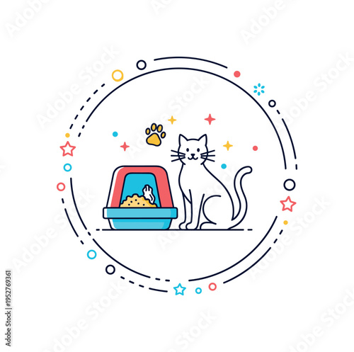 Responsible pet ownership concept featuring a minimal cat silhouette beside a freshly cleaned litter box expressing care and attentiveness. The cohesive