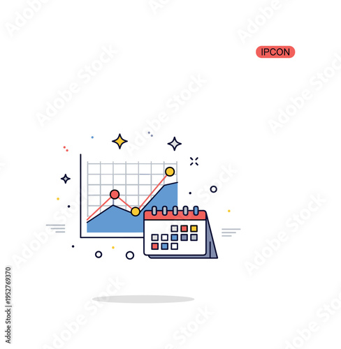 Revenue analytics icon scene simple financial chart combined with small calendar detail, symbolizing monthly reporting and performance tracking. Minimalist