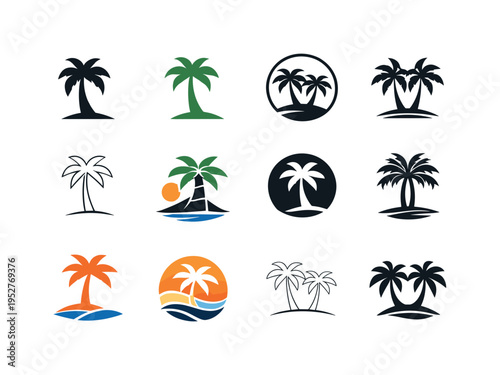 palm trees. Icon set. Set Logo of palm trees: palm leaf. harmonious logo variations of the same emblematic concept, each with different artistic interpretation