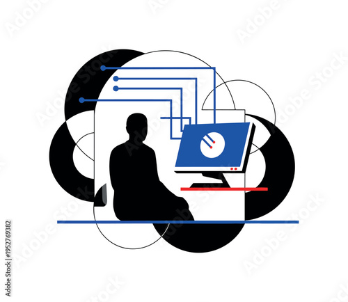 Black and white patient silhouette seated in front of a simplified geometric desktop monitor, bold circles and semicircles framing both figures, linear