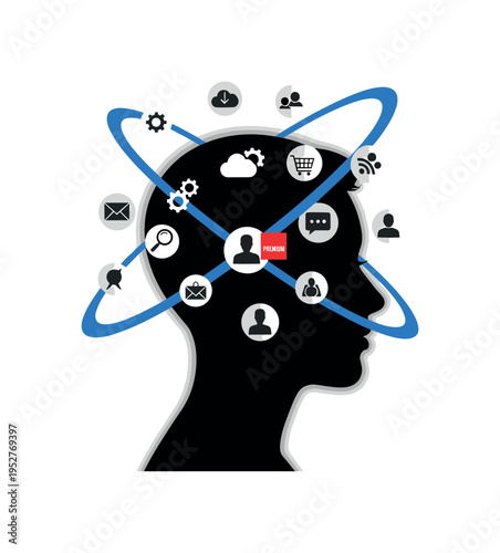 Black and white profile silhouette of a face with concentric orbital lines radiating from the head, small red sphere positioned on one orbit, blue semicircle