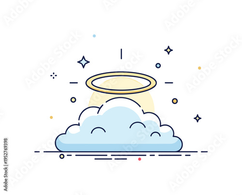 Divine light above clouds illustrated with a glowing halo shape hovering over a soft cloud base, conveying purity, protection, and sacred atmosphere. A