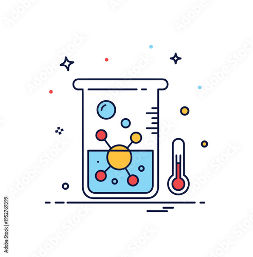 Reactant in a beaker represented by a single molecular structure floating inside a transparent lab container. Gentle bubble shapes and a small thermometer icon